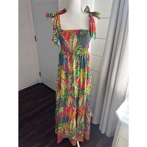 Flying Tomato Dress Womens Medium‎ Maxi Smocked Tie Strap Tropical Leaf Boho